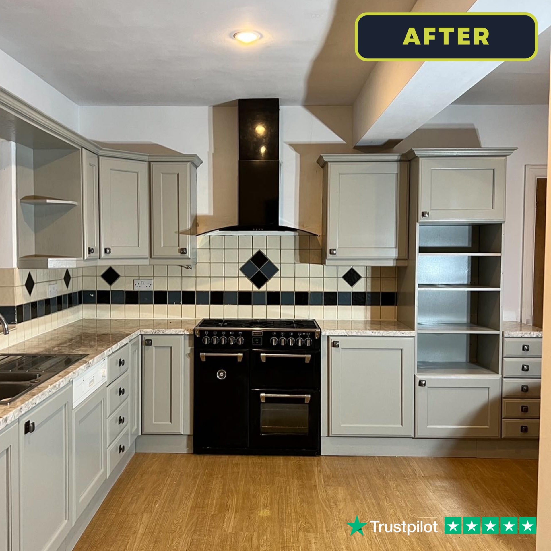 Before and after comparison of kitchen spray painting