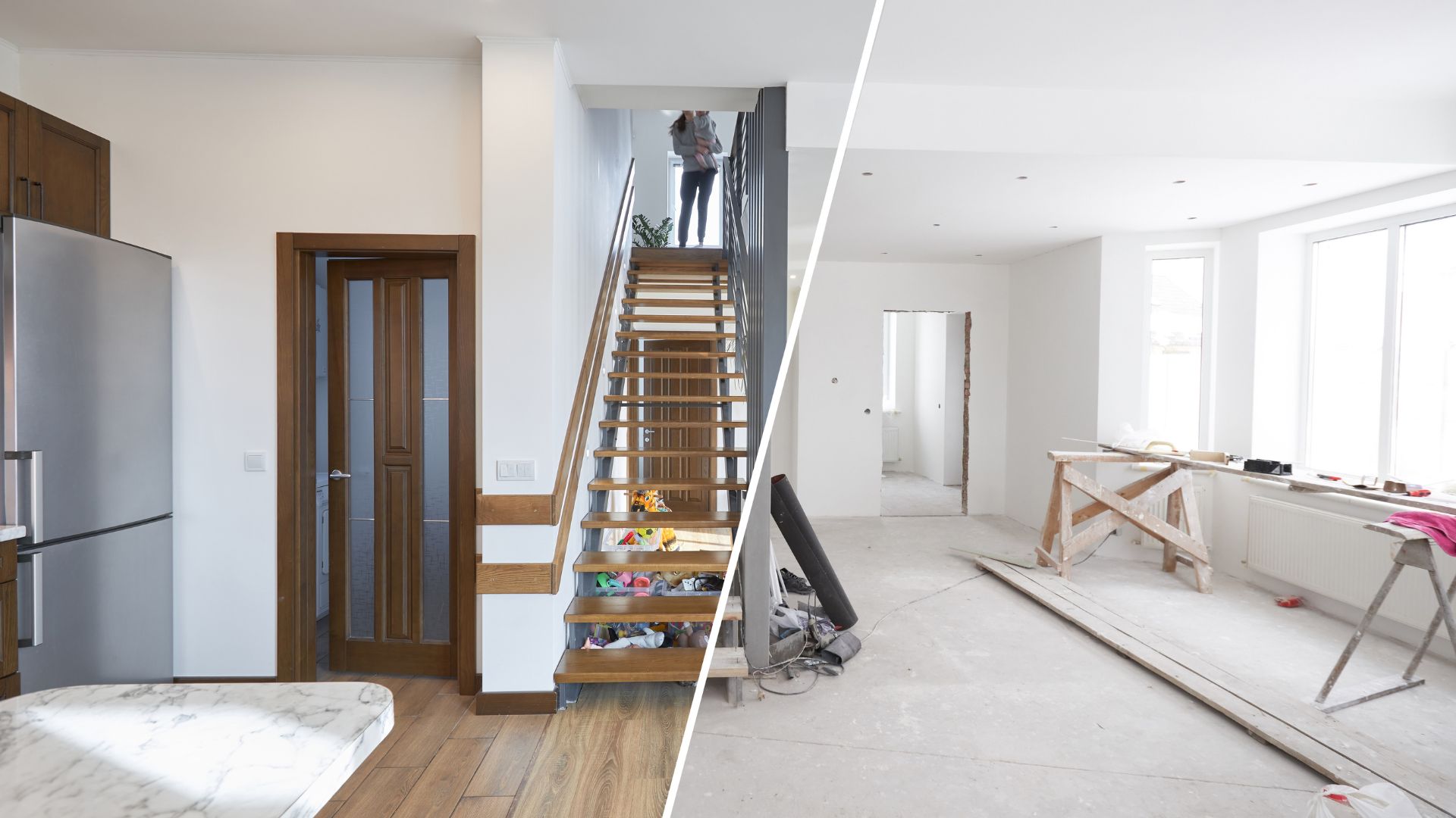 A split-image showing a home before and after renovation, with a modern kitchen on one side and an unfinished construction site on the other.