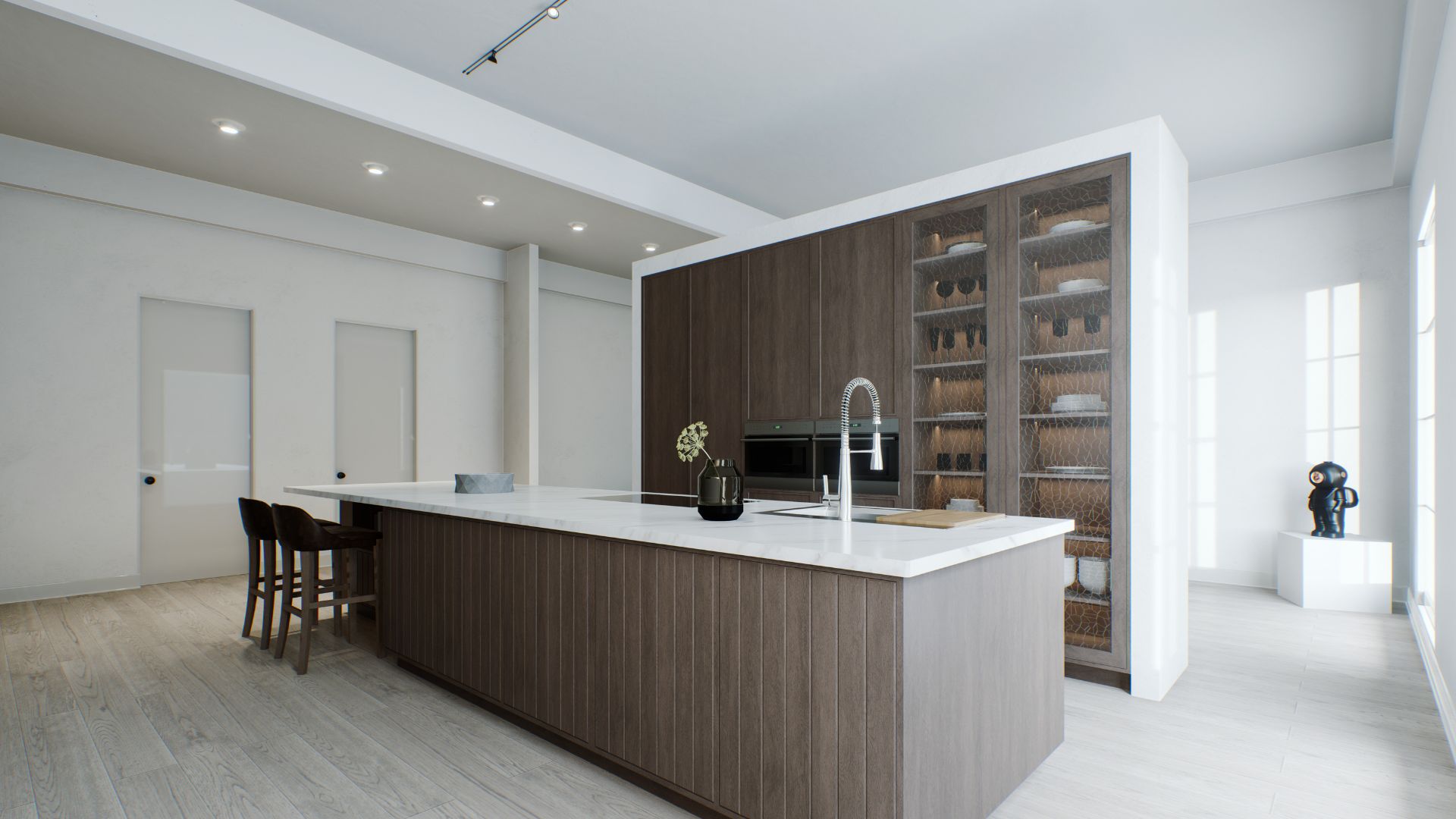A modern, minimalist kitchen with a large island, dark wood cabinetry, and glass display shelves, illuminated by natural light.