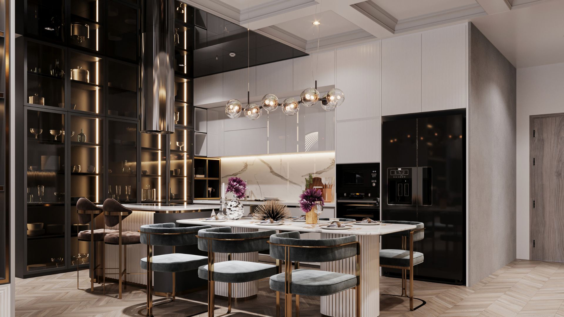 A luxurious kitchen with a dining area, featuring dark glass cabinets, gold accents, elegant lighting, and plush velvet chairs.
